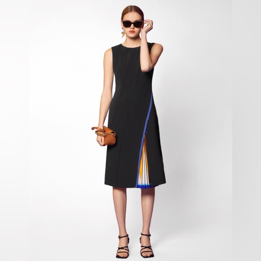 Saturday Club Black Pleated Panel Drape Hem Midi Dress NWOT Size Large